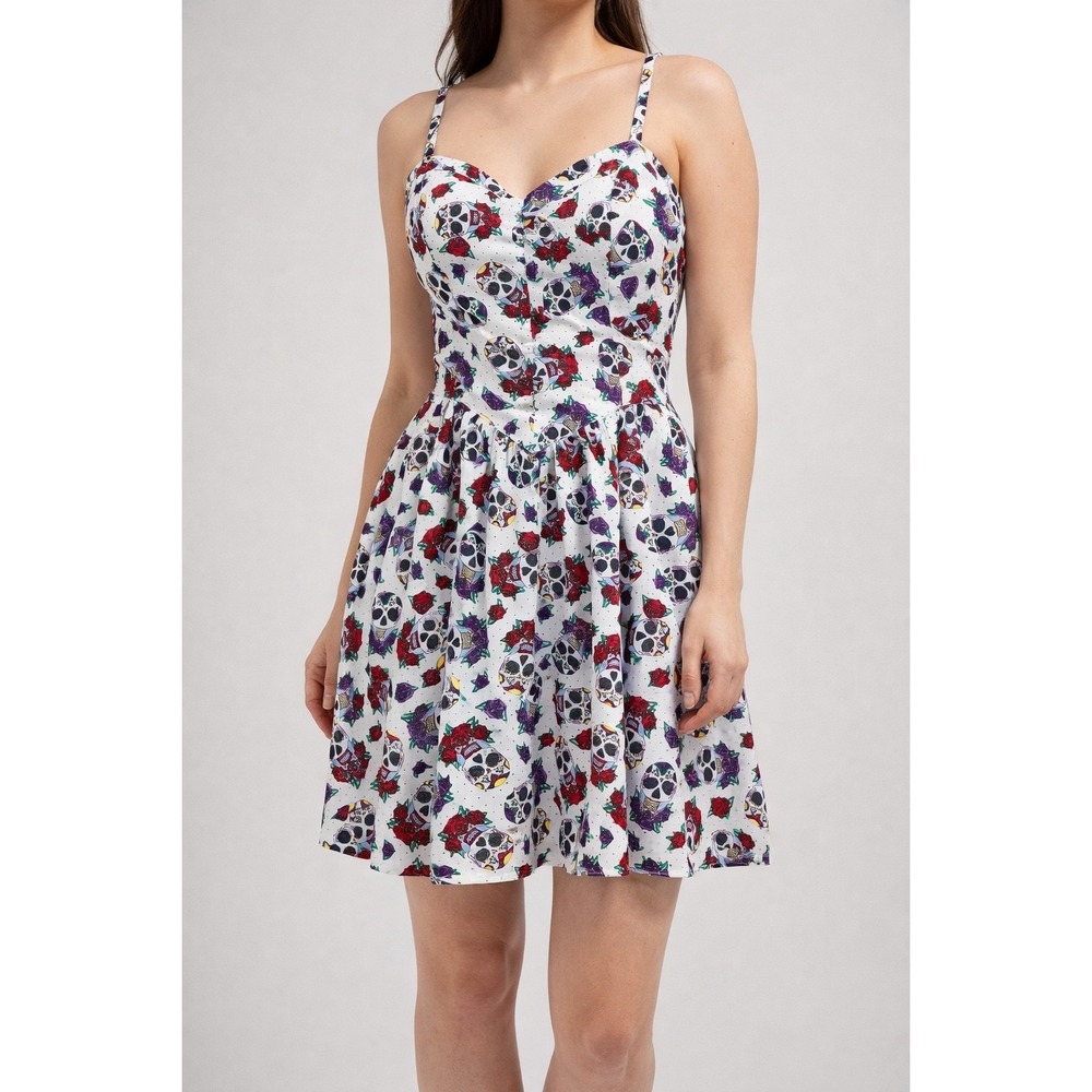 Voodoo Vixen Sugar Skull Dress LG White Roses Gothic Rockabilly Fit & Flare